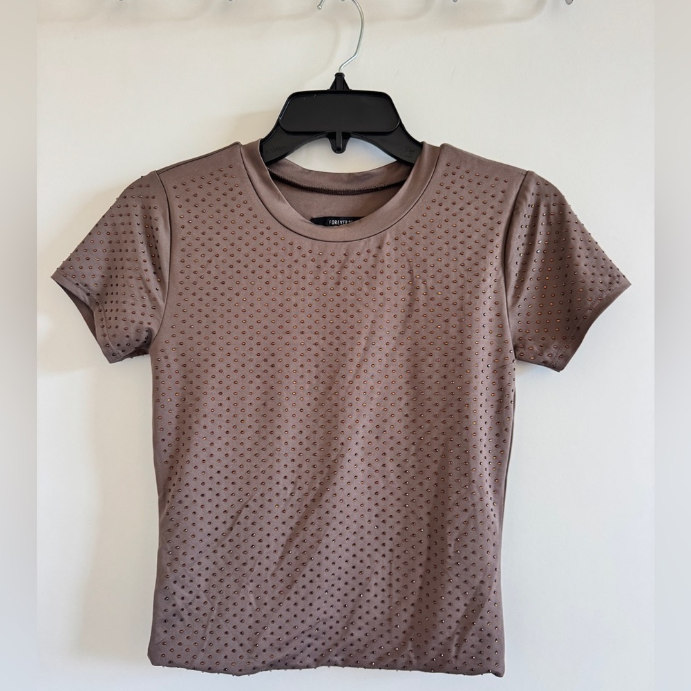 NWT Forever 21 set suit with rhinestones Brown Short Sleeve Top Pants S brown - Picture 9 of 9
